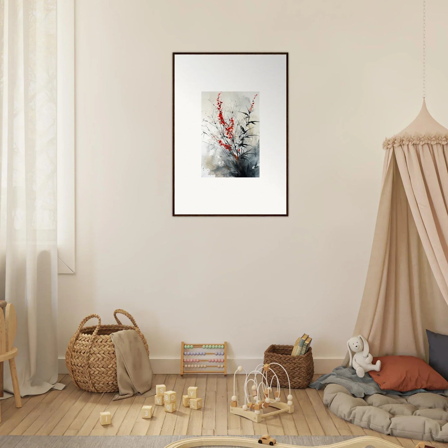 Framed watercolor painting of red blossoms for elegant room decor, Scarlet Symphony