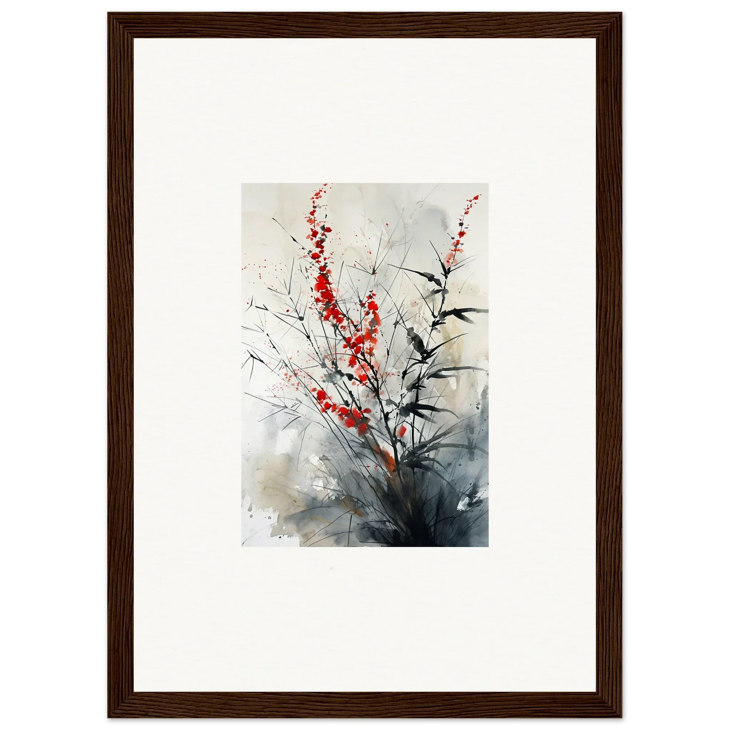 Framed wall art of scarlet symphony with red flowers and dark branches for room decor