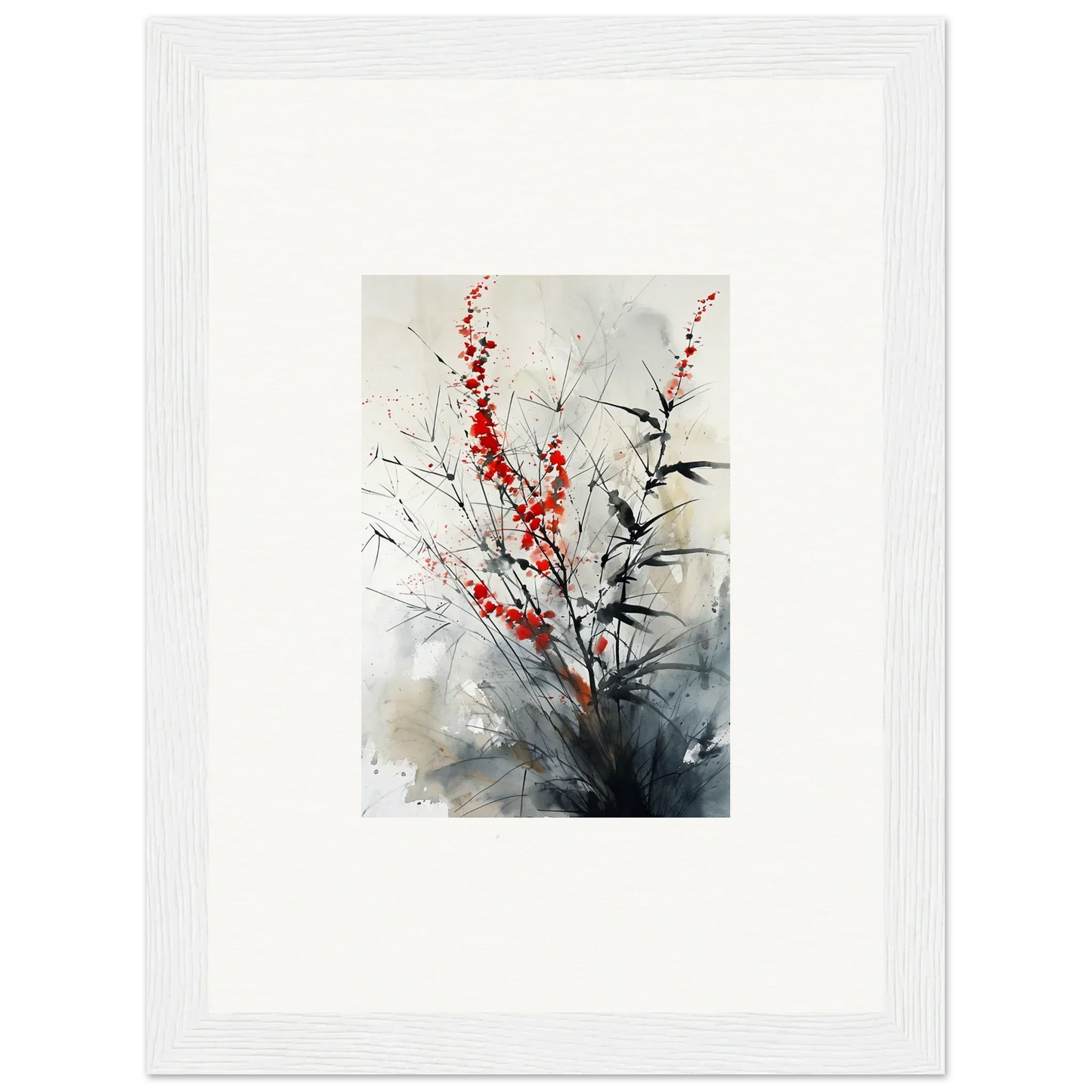 Framed watercolor painting of red blossoms, perfect for Scarlet Symphony room decor