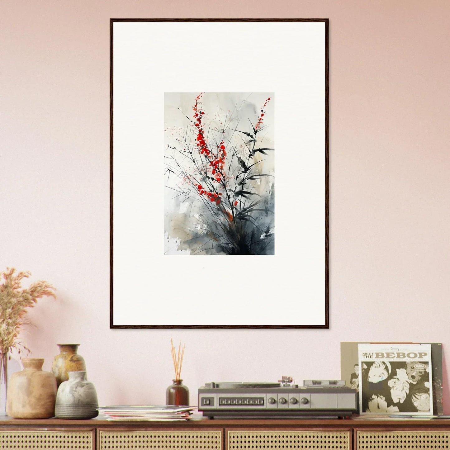 Framed wall art of red blossoms in Scarlet Symphony, perfect for room decor