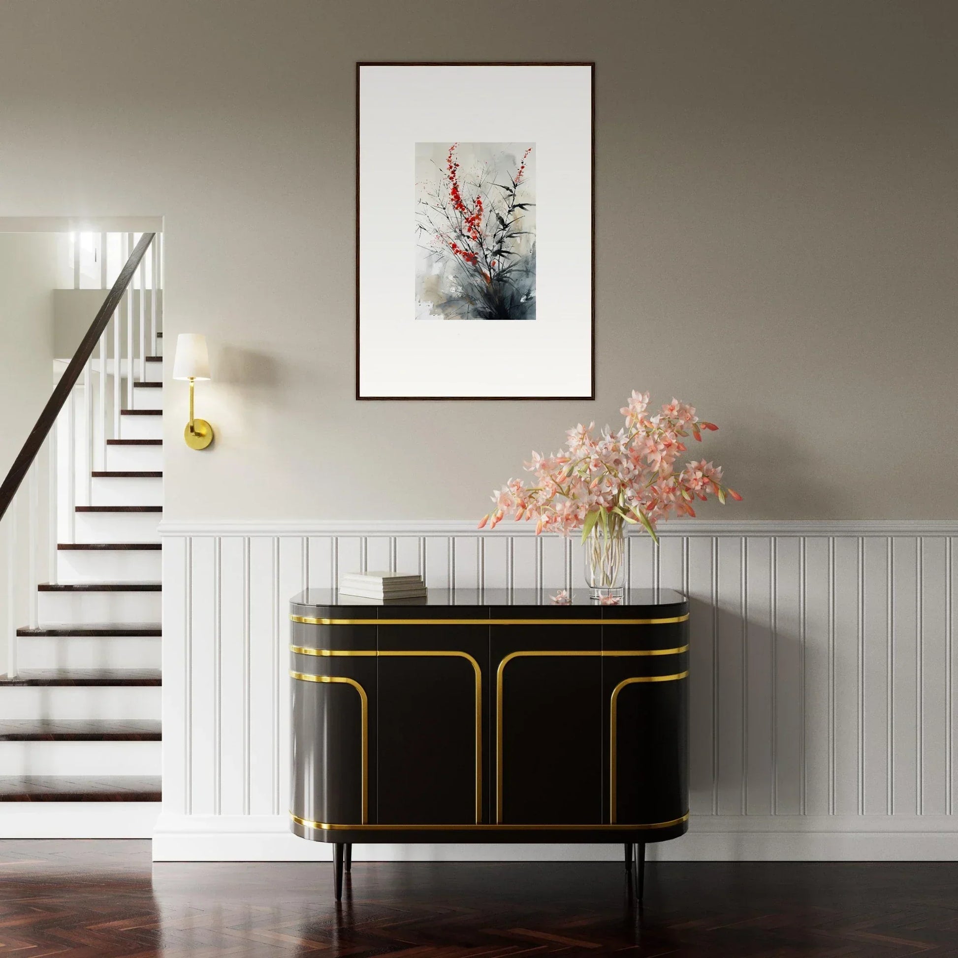 Elegant black sideboard with gold trim and pink flowers for stunning room decor