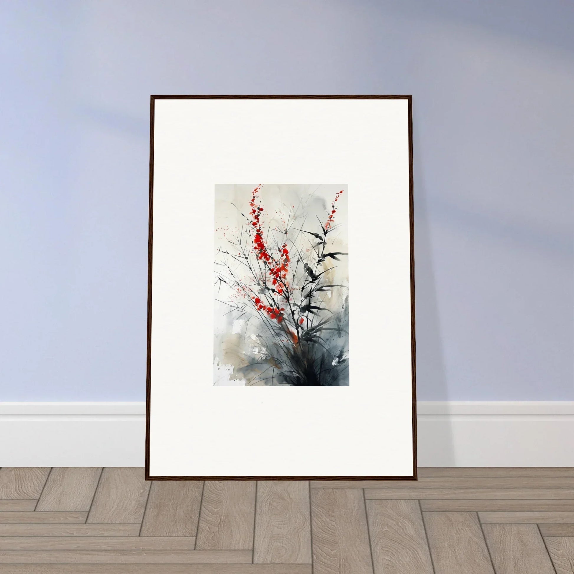 Framed wall art of a scarlet symphony floral branch for elegant room decor