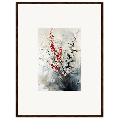 Framed wall art of Scarlet Symphony with red blossoms and dark foliage for room decor