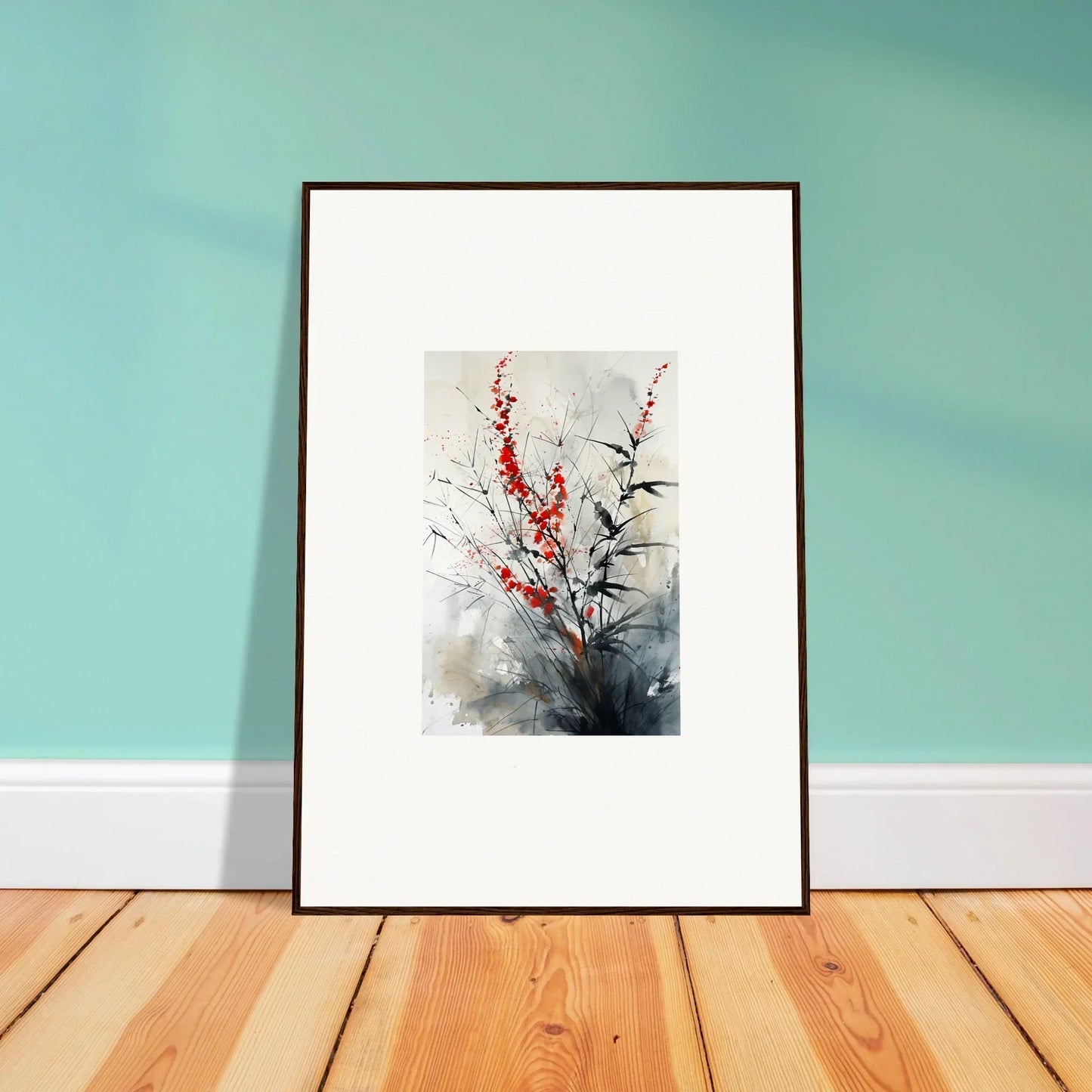 Framed wall art of delicate red blossoms in a minimalist style for scarlet symphony room decor