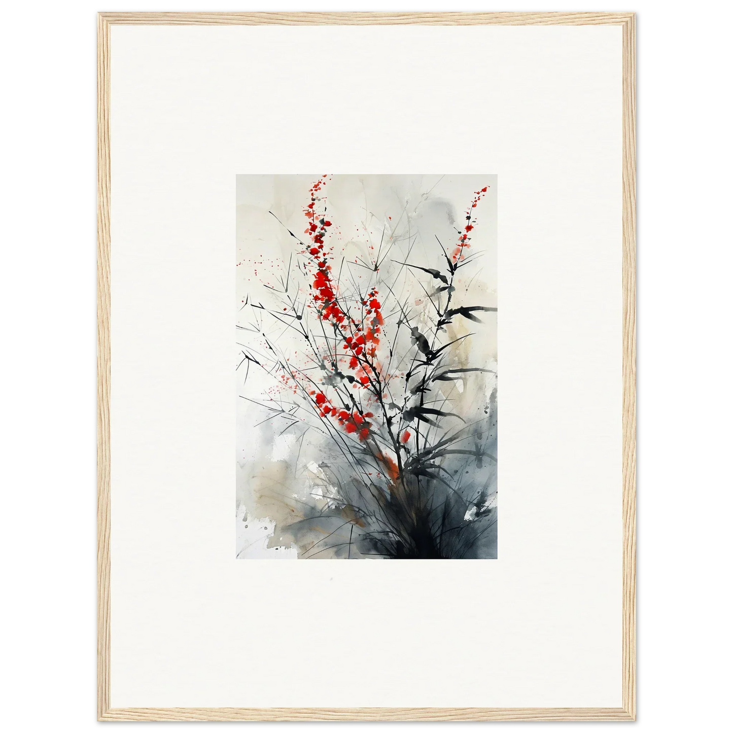 Framed wall art of red blossoms and bamboo leaves for elegant room decor, Scarlet Symphony