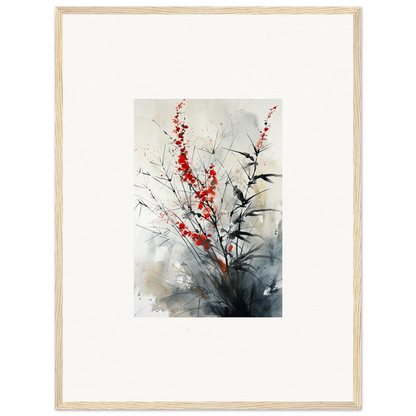 Framed wall art of red blossoms and bamboo leaves for elegant room decor, Scarlet Symphony