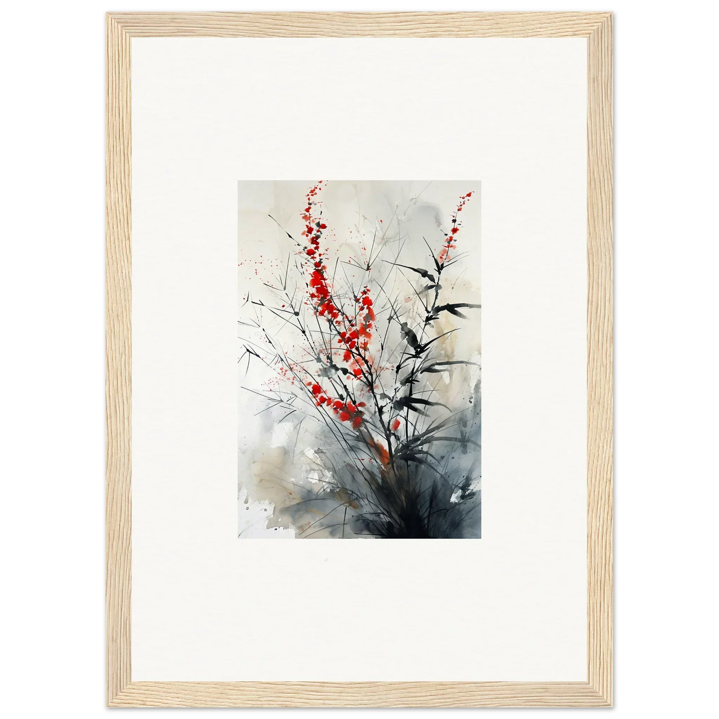 Framed wall art of scarlet symphony flowers on a misty gray background for room decor