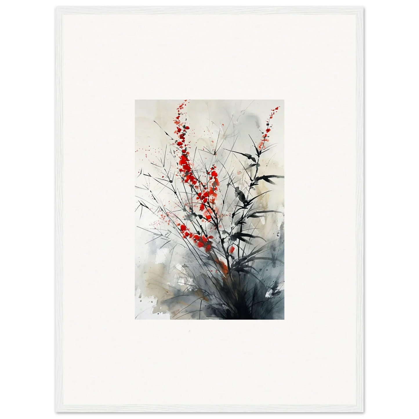 Watercolor painting of red blossoms and dark foliage for Scarlet Symphony room decor