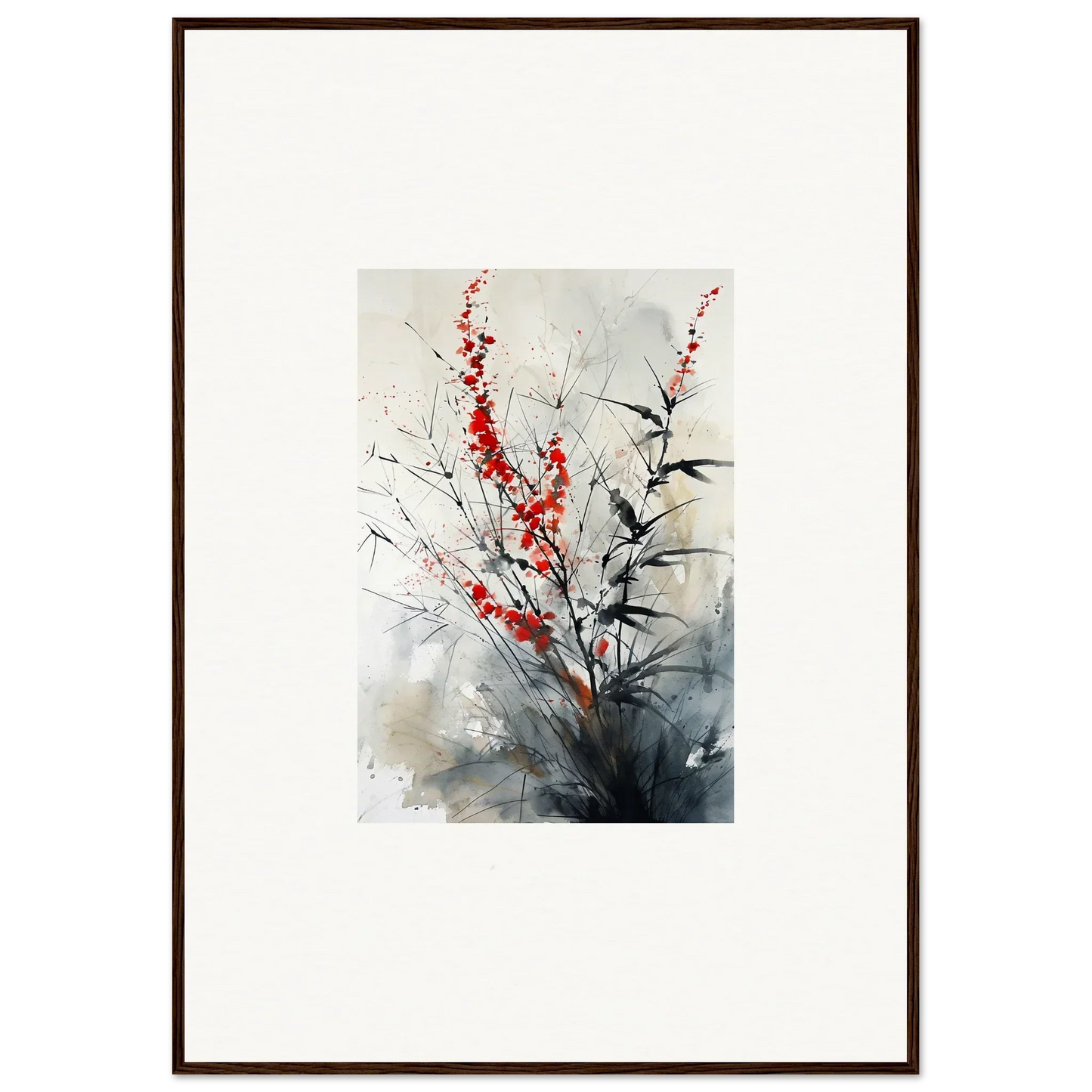 Framed Wall Art of Scarlet Symphony with Abstract Red Blossoms and Dark Branches