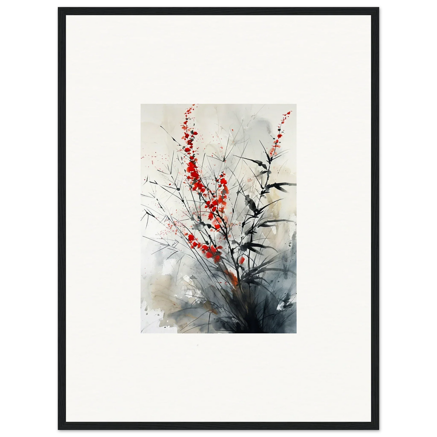 Framed wall art featuring an abstract scarlet symphony of red blossoms and dark foliage