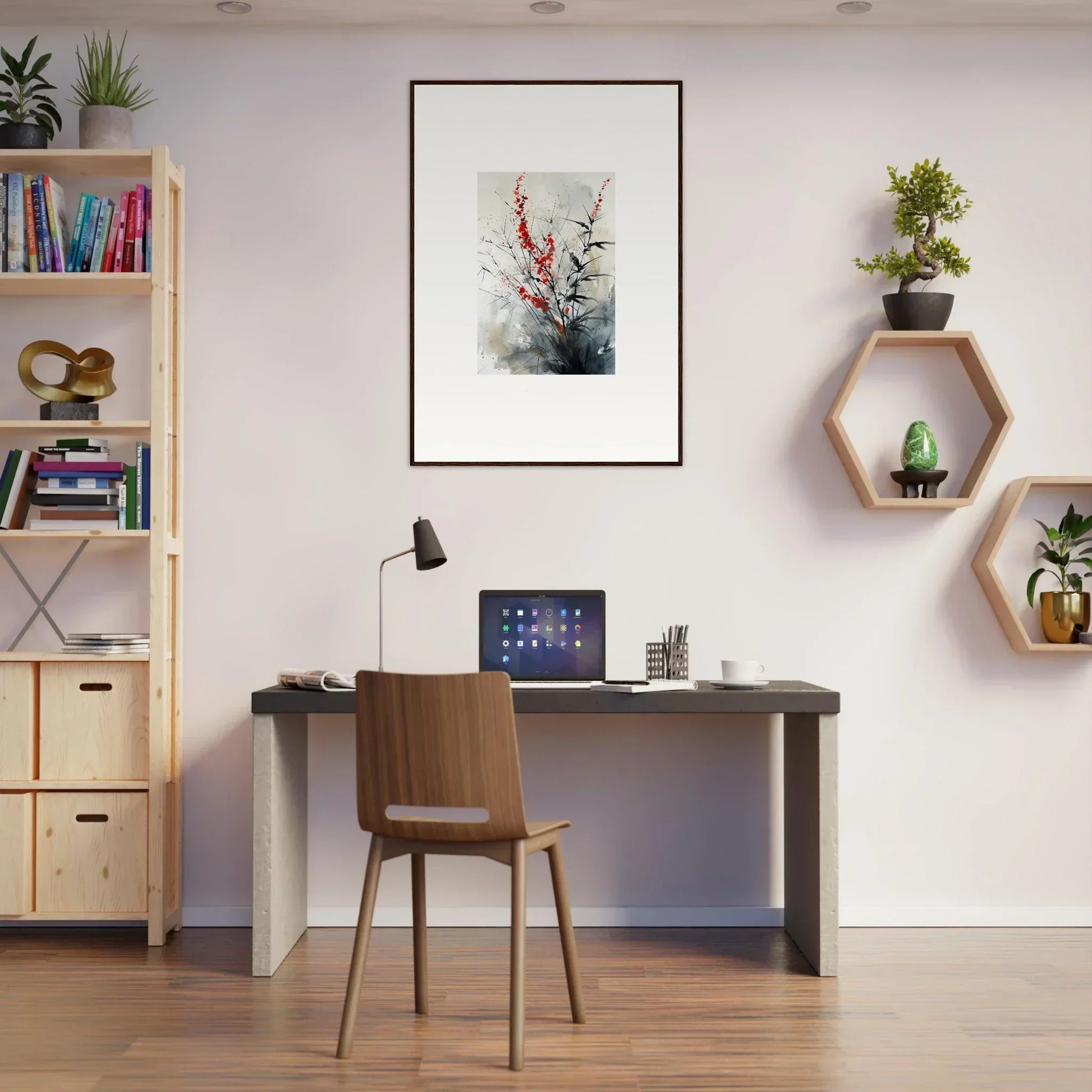 Home office workspace featuring a desk, chair, and Scarlet Symphony wall decor