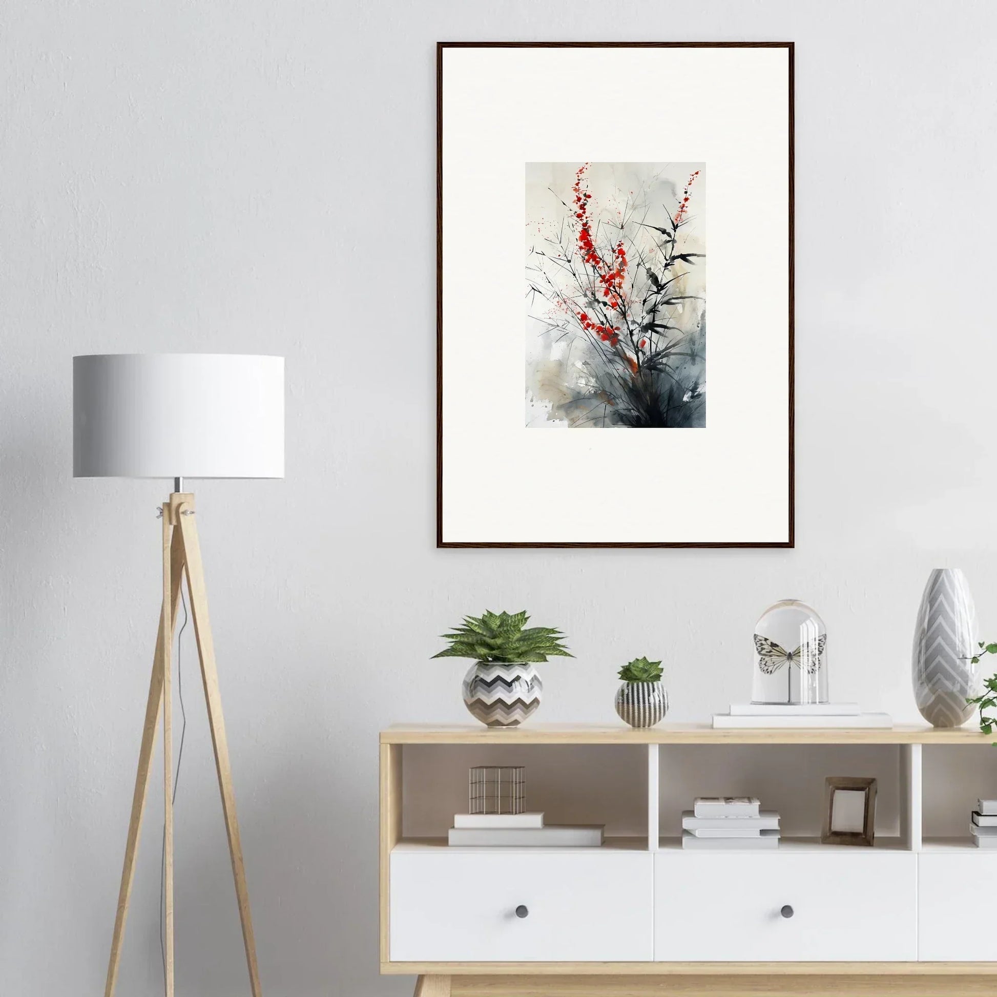 Framed wall art featuring Scarlet Symphony with red blossoms and dark branches