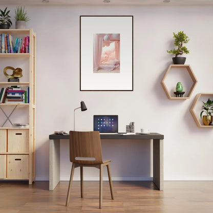 Desk with chair and laptop, featuring Dream Cosmos wall decor and shelving