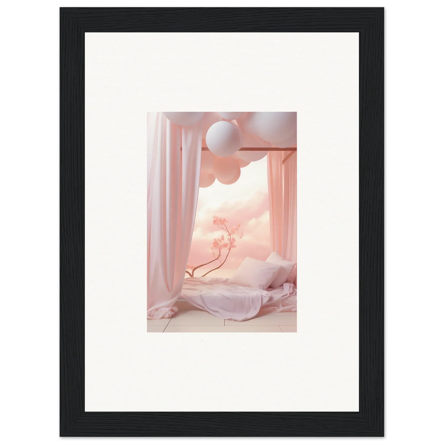 Framed wall art of dreamy pink cosmos interior scene with balloons and curtains