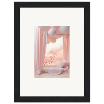 Framed wall art of dreamy pink cosmos interior scene with balloons and curtains