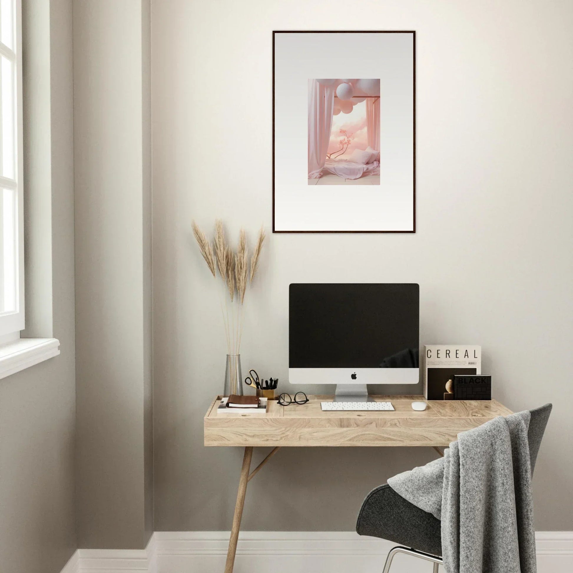 Minimalist wooden desk with computer monitor and dream cosmos themed room decor