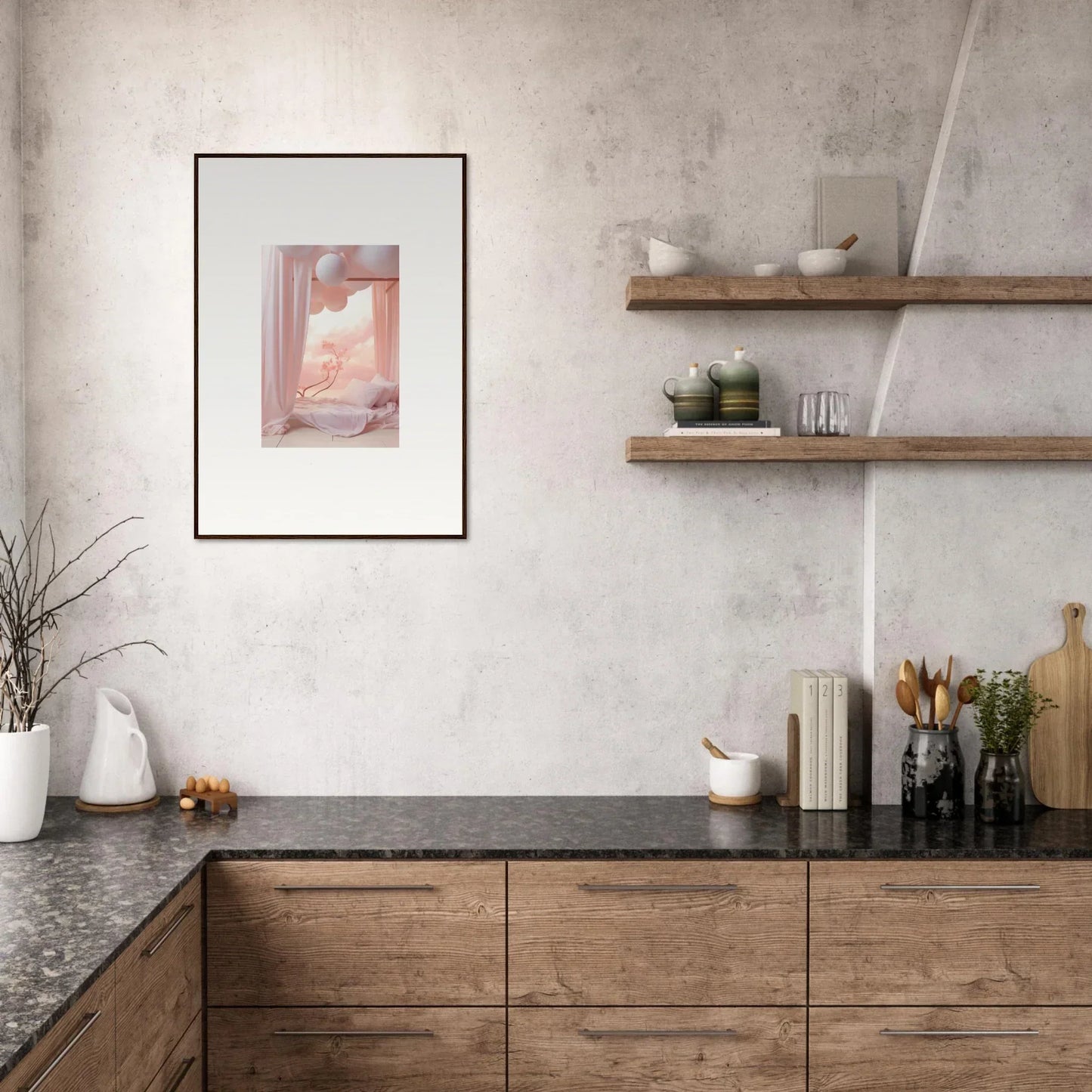 Modern kitchen with wooden cabinets, dark countertop, floating shelves, and framed wall art