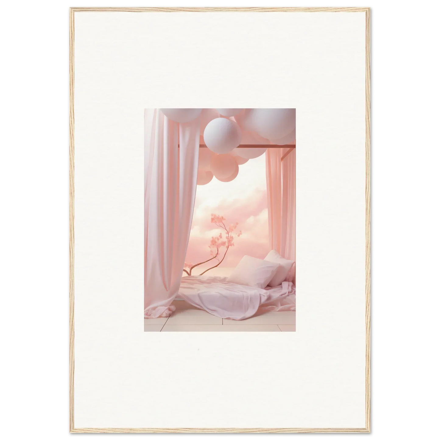 Framed wall art of a dreamy pink scene with balloons for ideal room decor