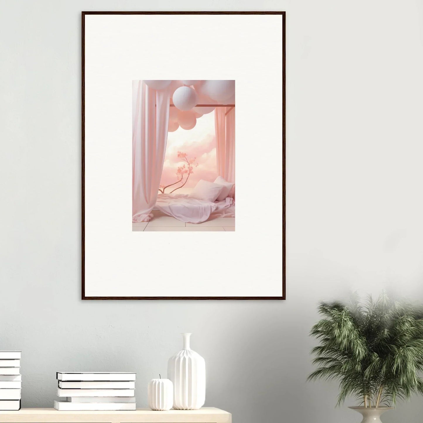 Framed wall art of a dreamy pastel interior scene in Dream Cosmos room decor