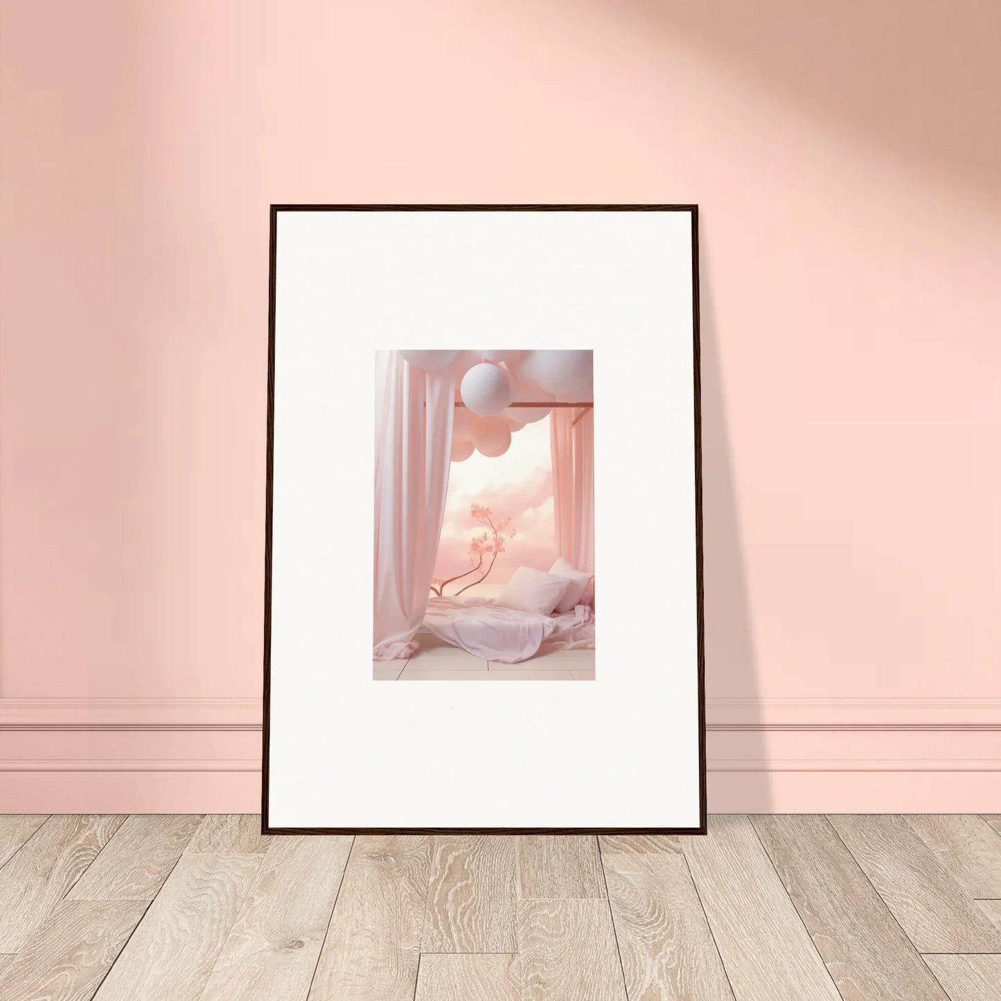 Surreal pink-toned interior with floating spheres in Nectarine Dream Cosmos framed wall art