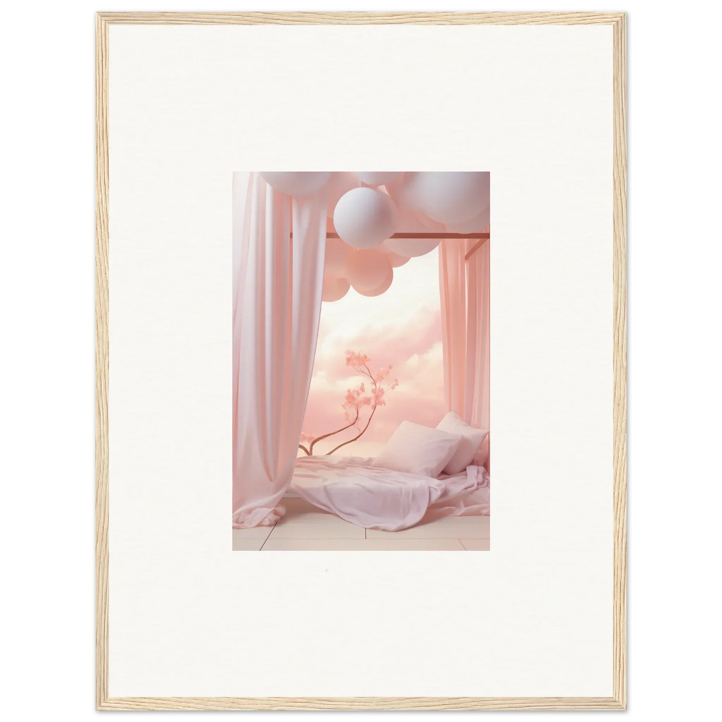 Framed wall art of a dreamy pink bedroom with clouds for stylish room decor