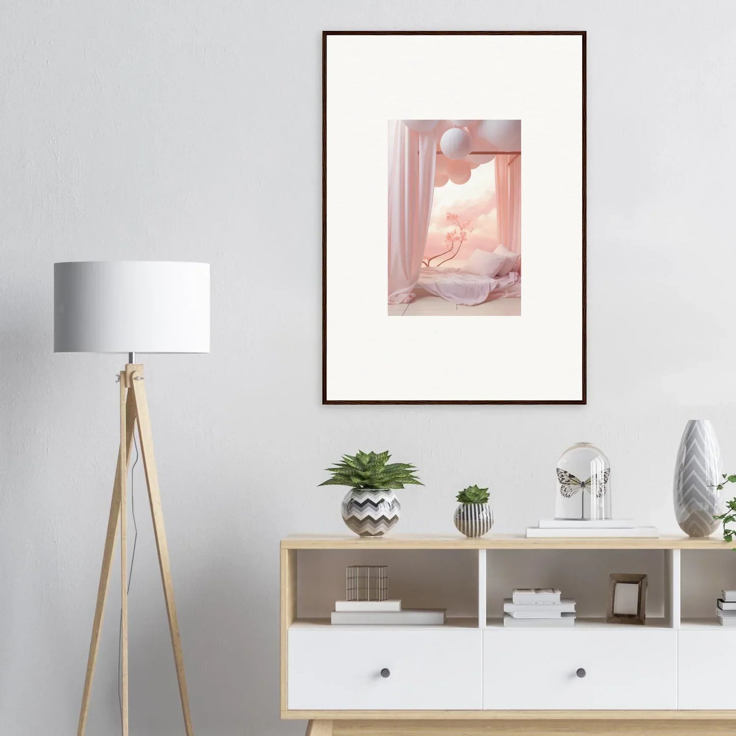 Framed wall art of a dreamy pink interior scene enhances your room decor with Dream Cosmos