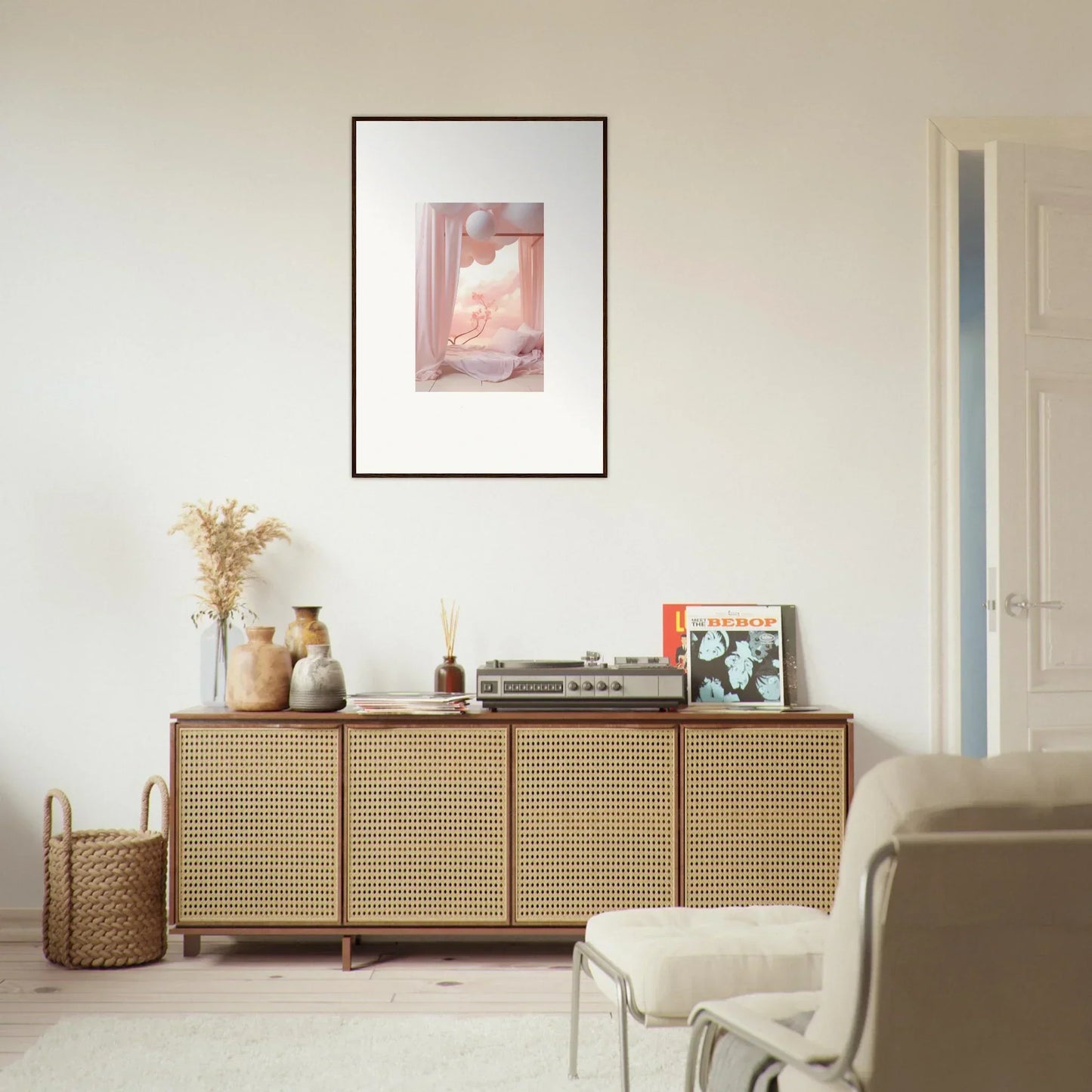 Wooden sideboard with cane-webbed doors enhances room decor in Dream Cosmos style