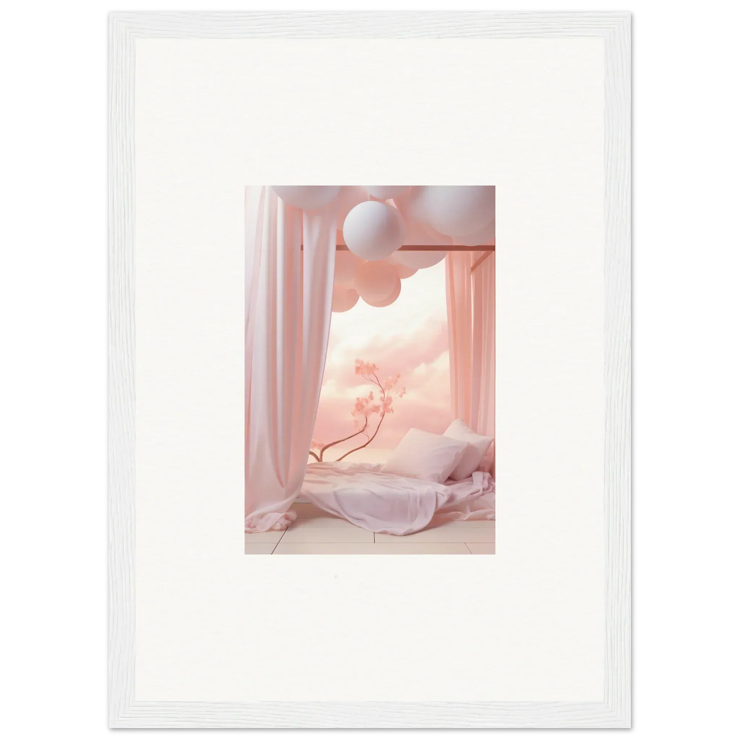 Framed wall art of a dreamy pink window scene for charming room decor, Dream Cosmos design