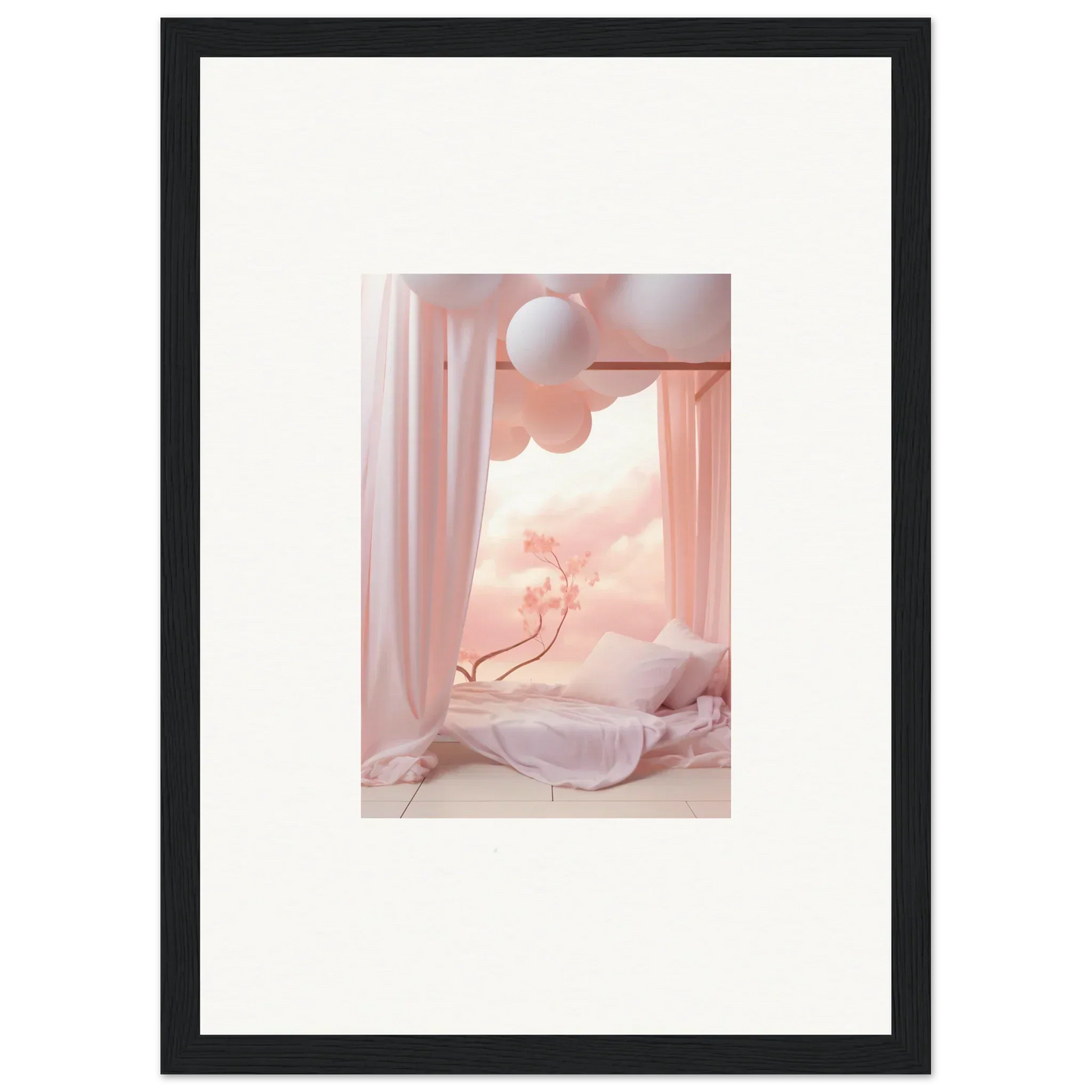 Framed wall art of a dreamy pink scene with balloons in the Dream Cosmos theme