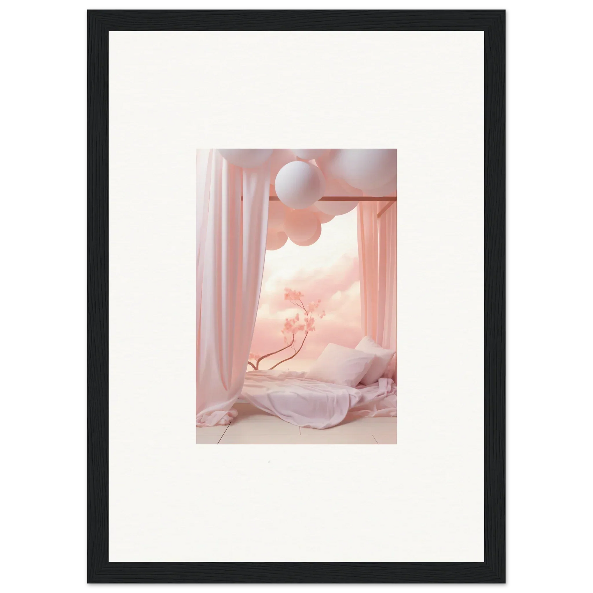 Framed wall art of a dreamy pink scene with balloons in the Dream Cosmos theme