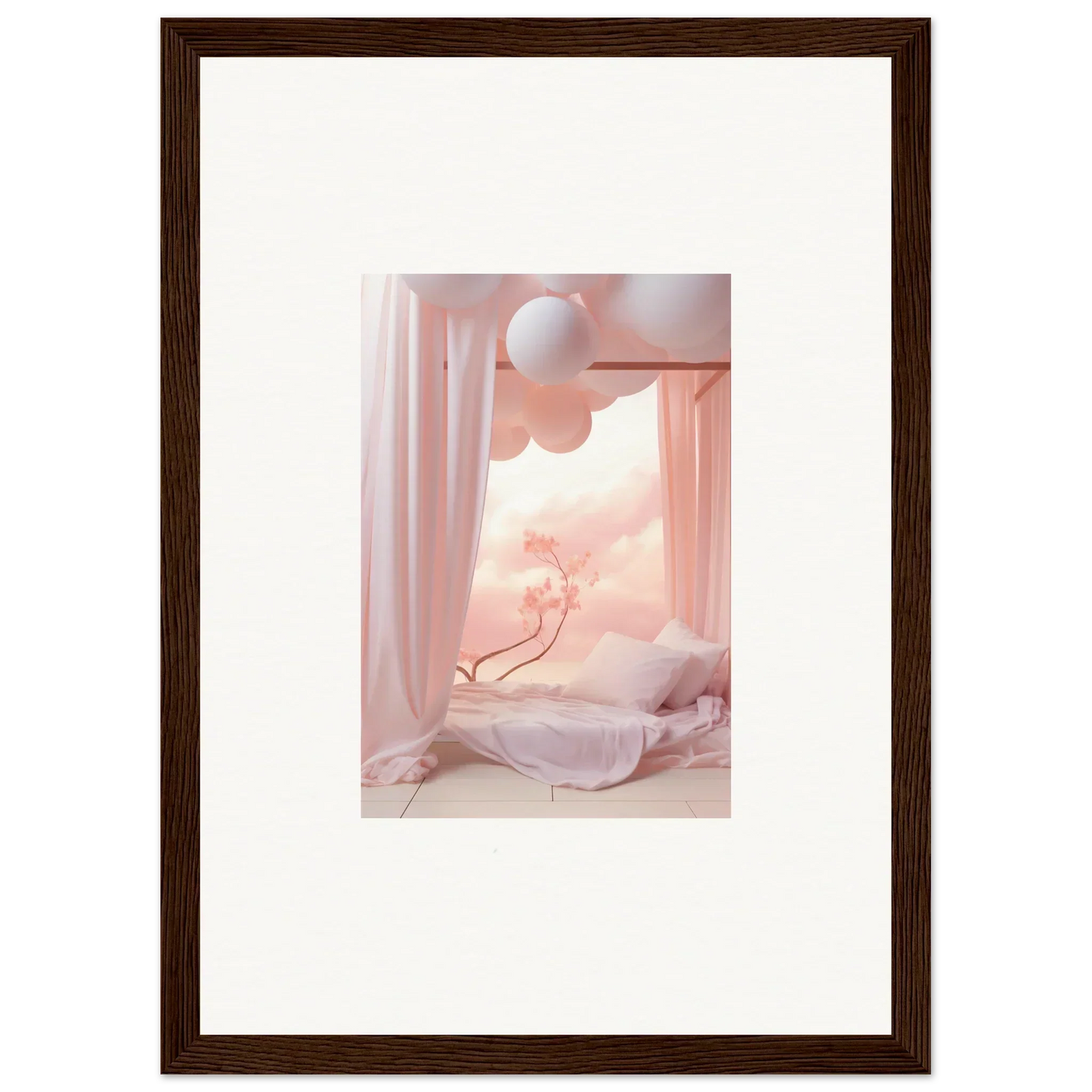 Framed wall art of a surreal pink-toned Dream Cosmos scene for unique room decor