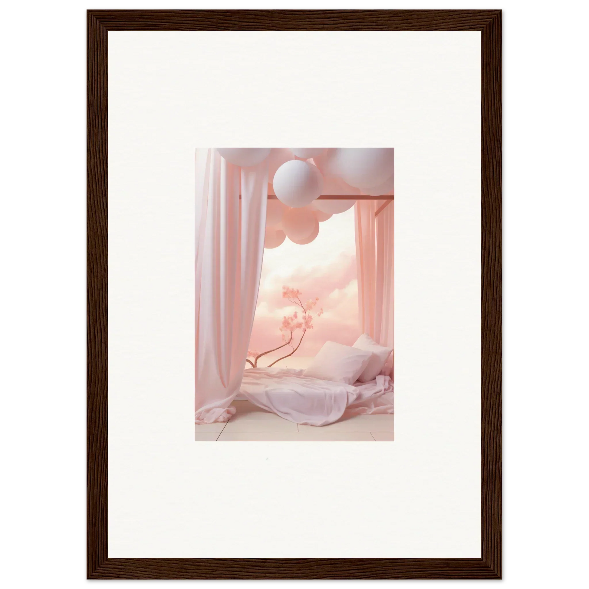 Framed wall art of a surreal pink-toned Dream Cosmos scene for unique room decor