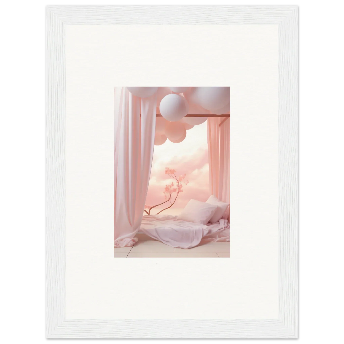 Framed wall art of dreamy pink cosmos scene for stylish room decor