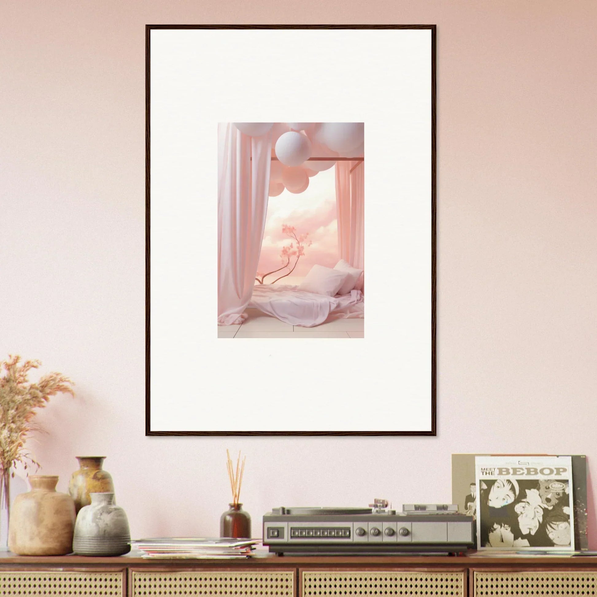 Framed wall art of a dreamy pastel window scene for enchanting room decor