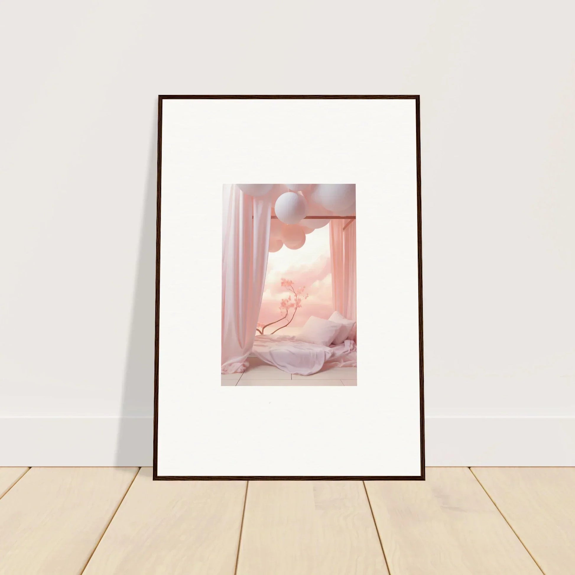 Framed wall art featuring a dreamy pink-tinted interior from Dream Cosmos for room decor