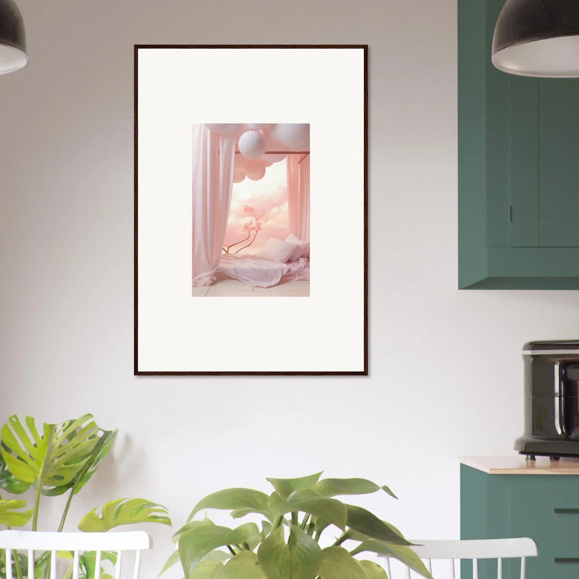 Framed wall art of a pastel bathroom scene for stylish room decor and Dream Cosmos vibe