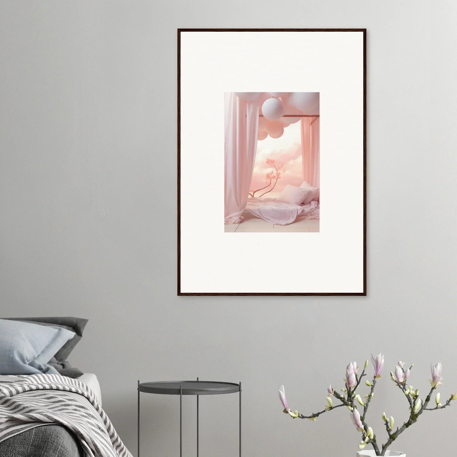 Framed wall art featuring a dreamy pink window scene for elegant room decor