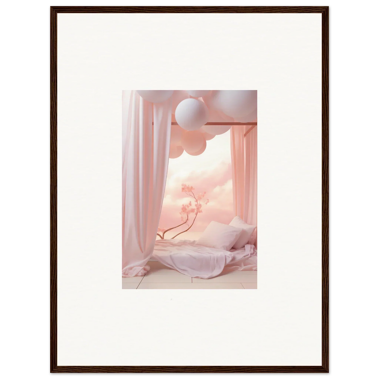 Framed wall art of dreamy pink bedroom scene in Nectarine Dream Cosmos decor