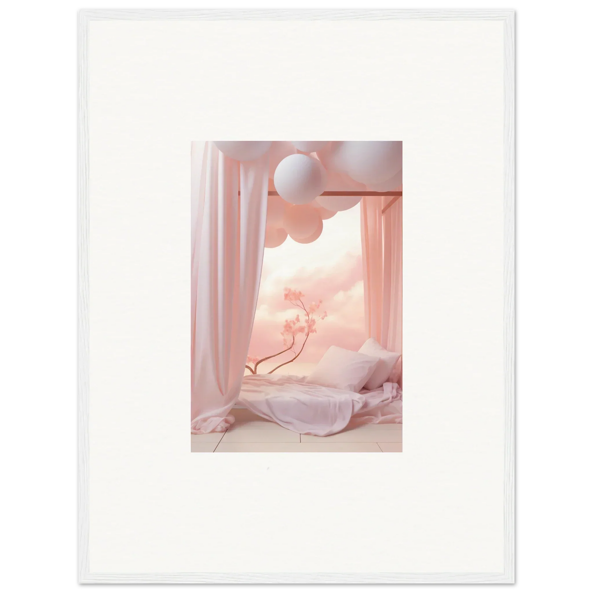 Framed wall art of a dreamy pink bedroom with billowing curtains and a balloon