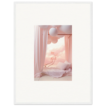 Framed wall art of a dreamy pink bedroom with billowing curtains and a balloon