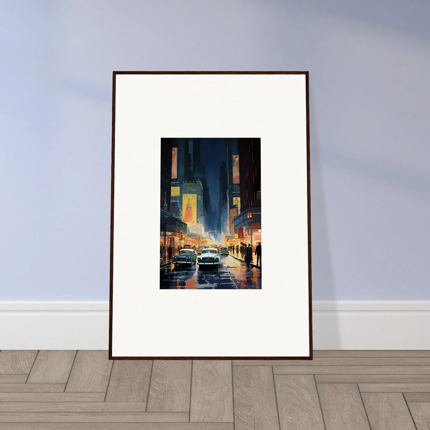 Framed wall art of a rainy city street scene for stylish room decoration