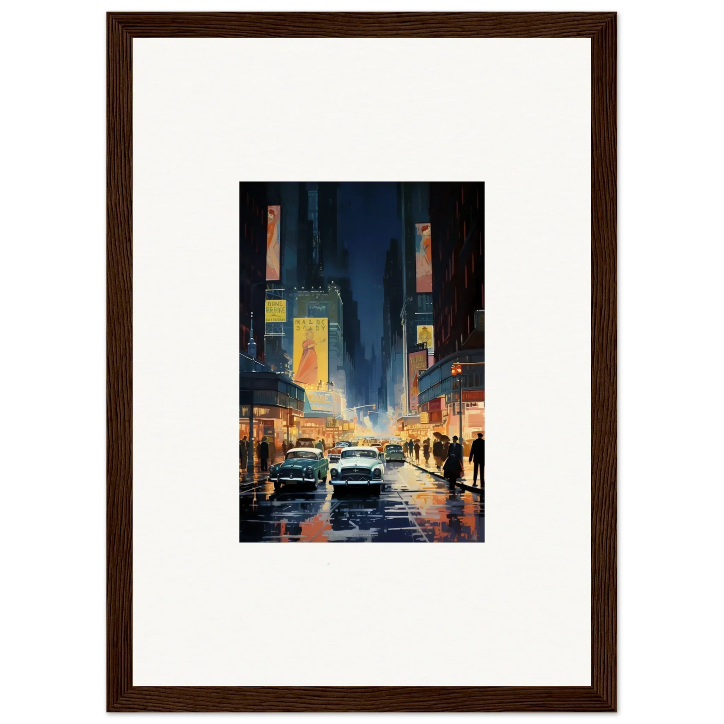 Framed wall art of a rainy city street at night, perfect for room decoration