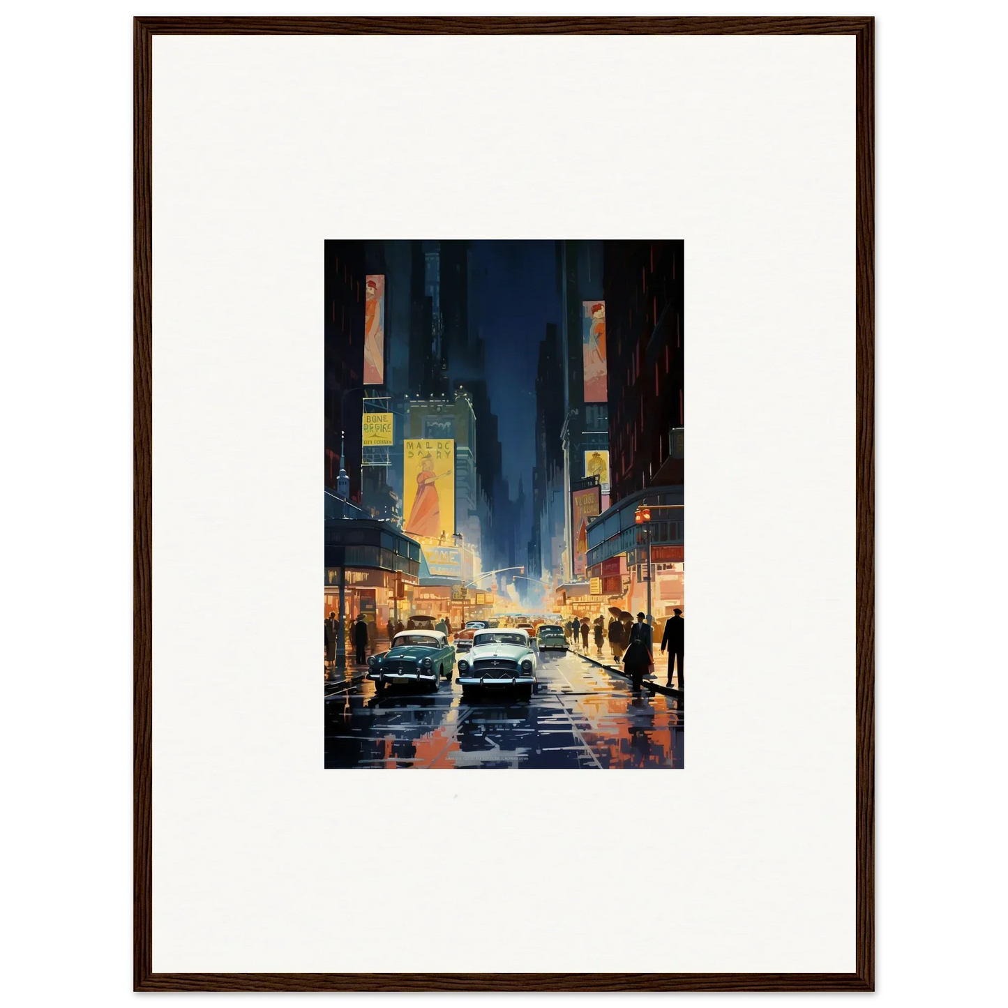 Framed wall art of a rainy city street at night, perfect for room decoration