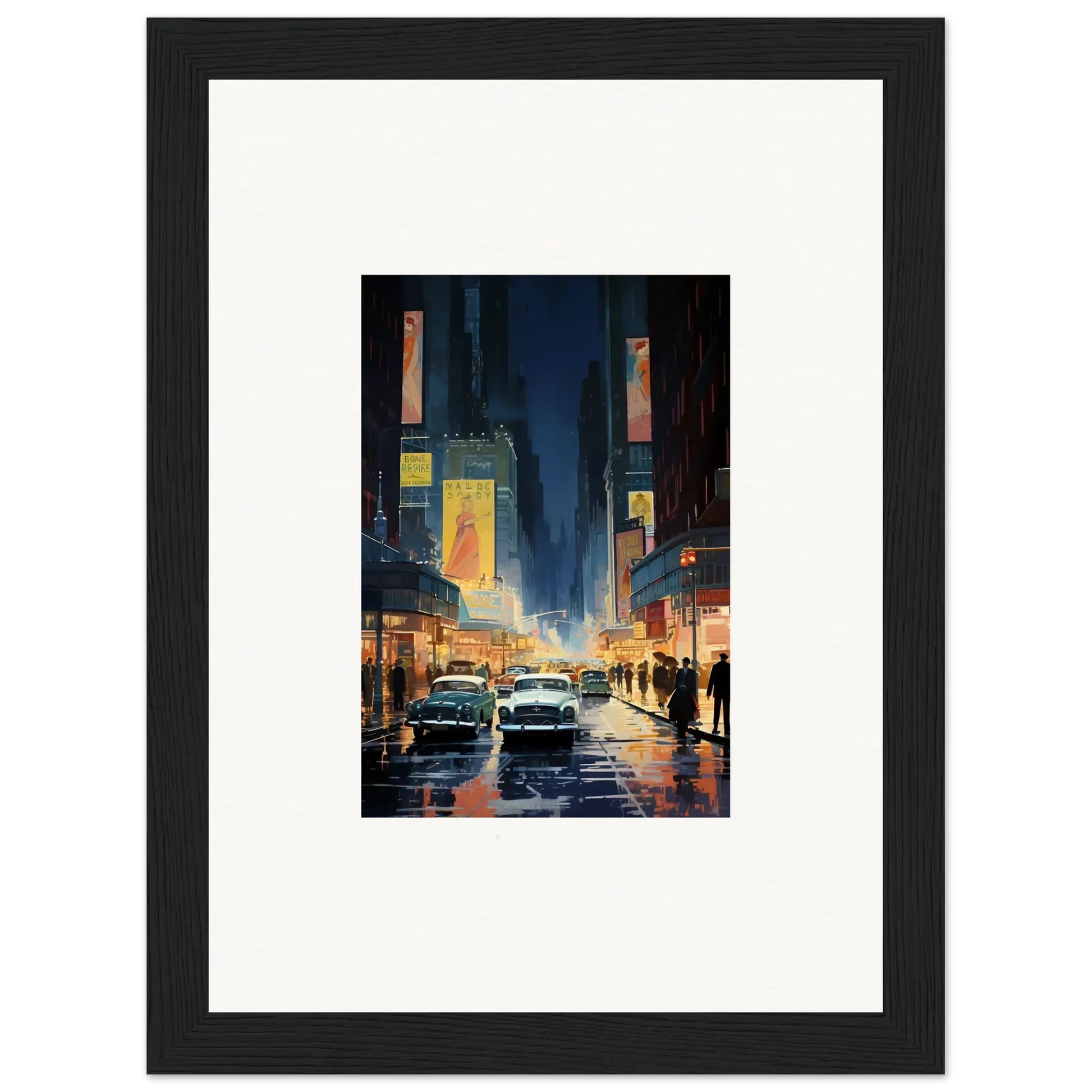 Framed canvas print of a rainy city street night scene, perfect for room decoration