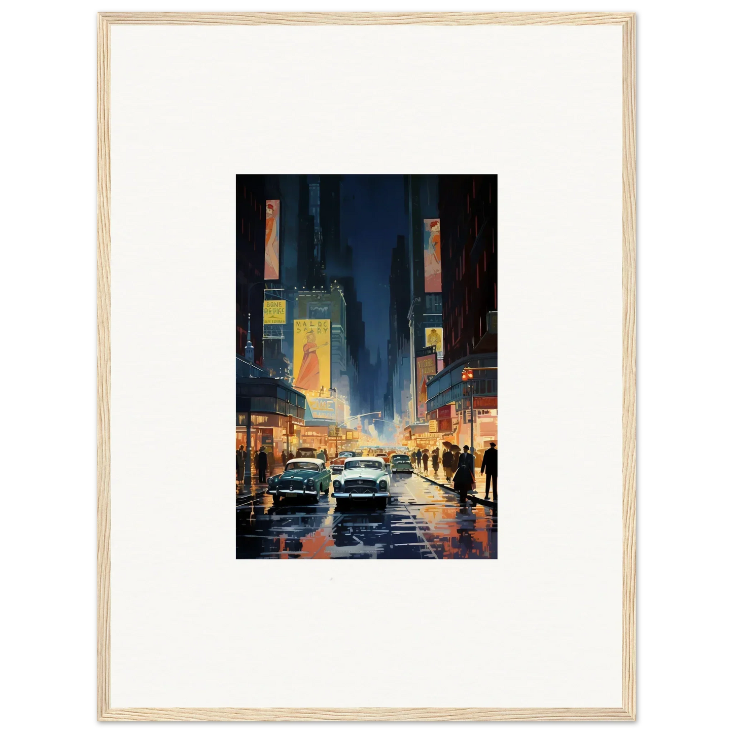 Framed canvas print of a rainy city street at night, perfect wall art for room decoration