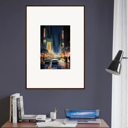 Framed canvas print of a rainy city street at night for stylish room decoration