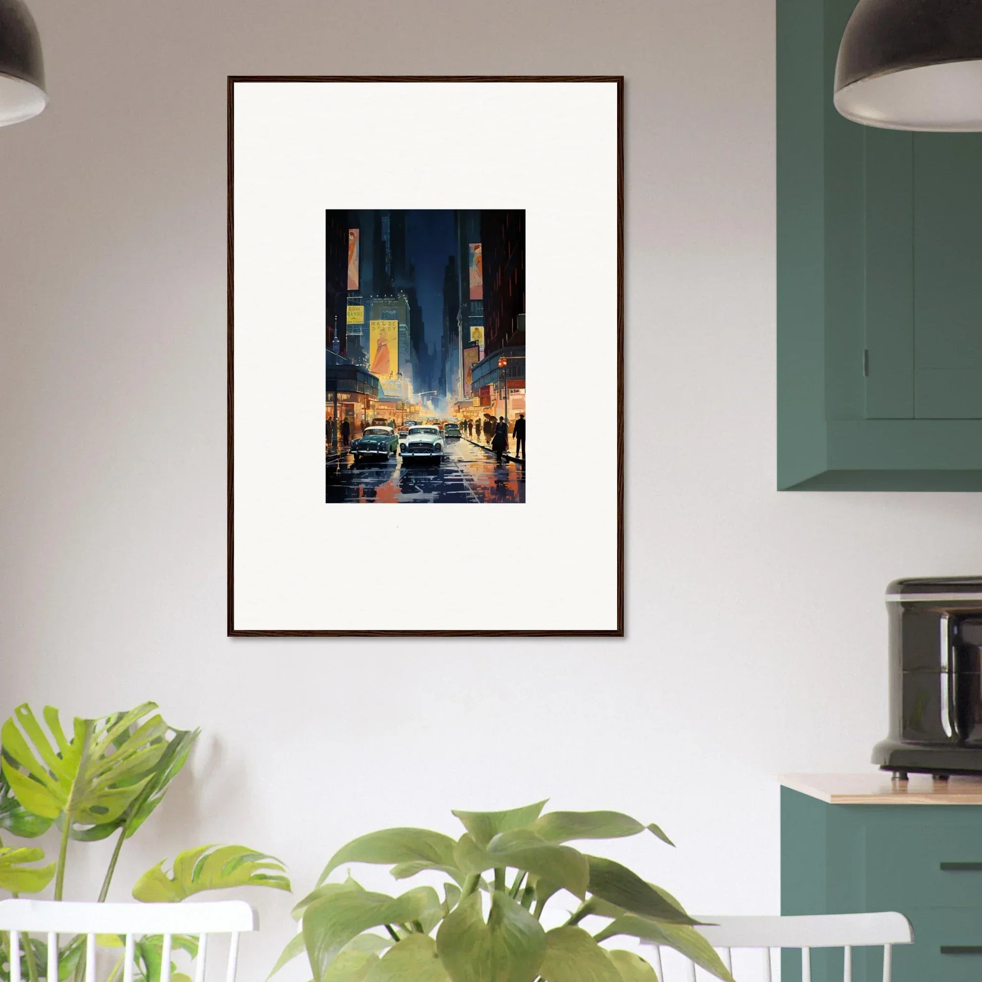 Framed wall art of a rainy city street scene, perfect for room decoration