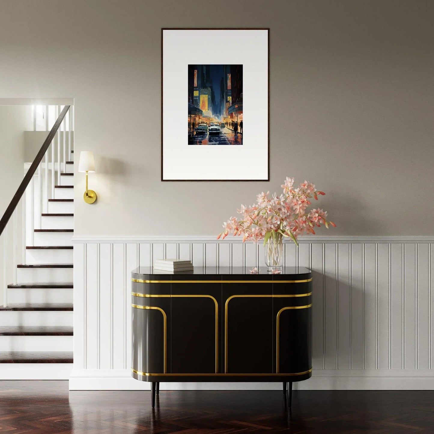 Elegant black sideboard with gold trim, perfect for chic room decoration