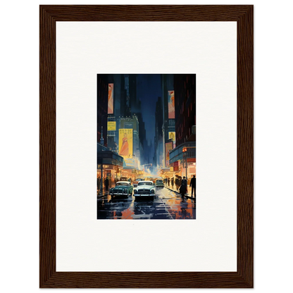 Framed canvas print of a rainy city street at night perfect for room decoration wall art