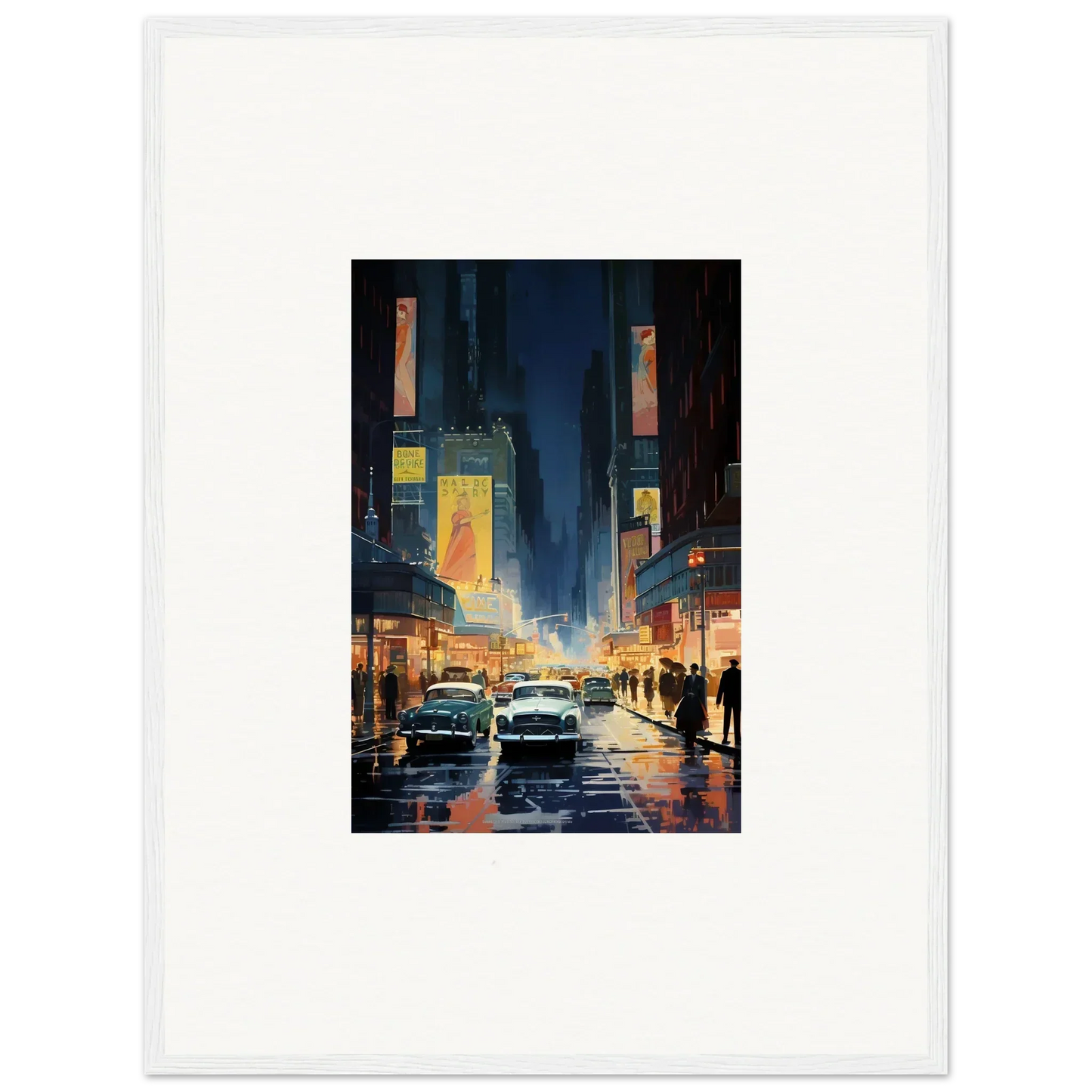 Framed canvas print of a rainy city street at night, perfect wall art for room decoration